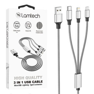 LAMTECH HIGH QUALITY 3 IN 1 USB CABLE WITH METALLIC SHELL SILVER 1M