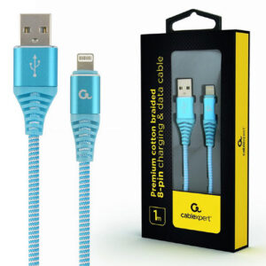 CABLEXPERT PREMIUM COTTON BRAIDED LIGHTNING CHARGING AND DATA CABLE 1M TURQUOISE/WHITE RETAIL PACK