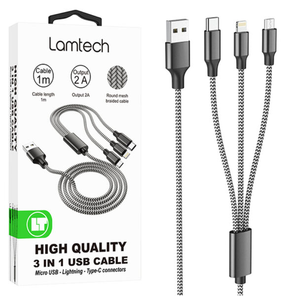 LAMTECH HIGH QUALITY 3 IN 1 USB CABLE WITH METALLIC SHELL BLACK 1M